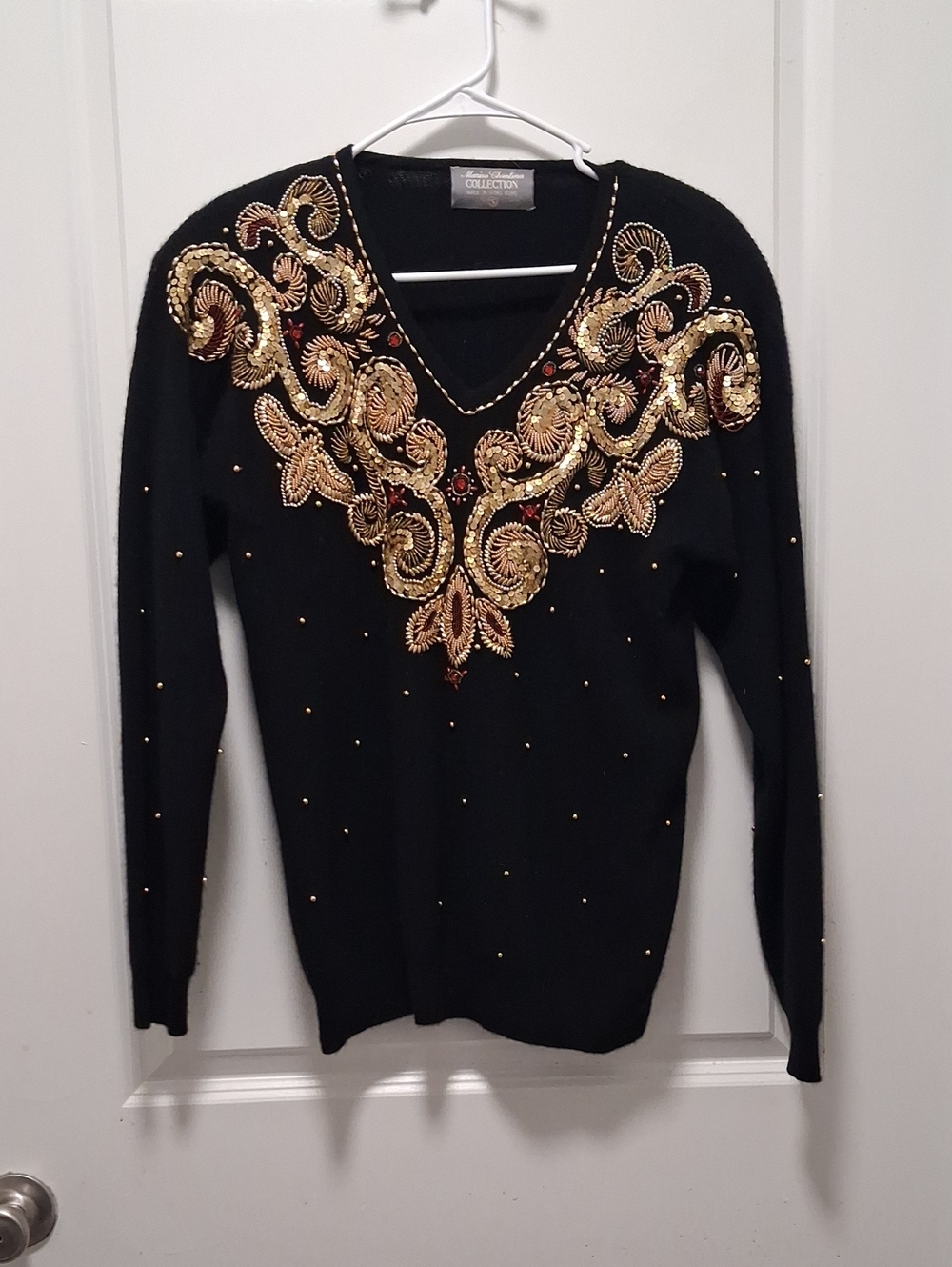Vintage Marisa Christina Black  Sweater with Gold Beaded Swirl Embellishment